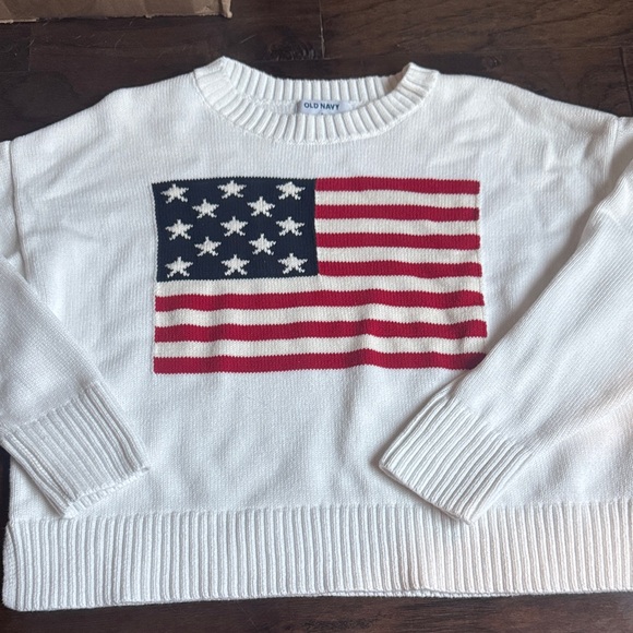Old Navy Women's White Sweater with Flag Design - Picture 1 of 4